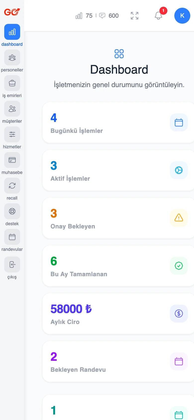 ServiceGO mobil panel görünümü